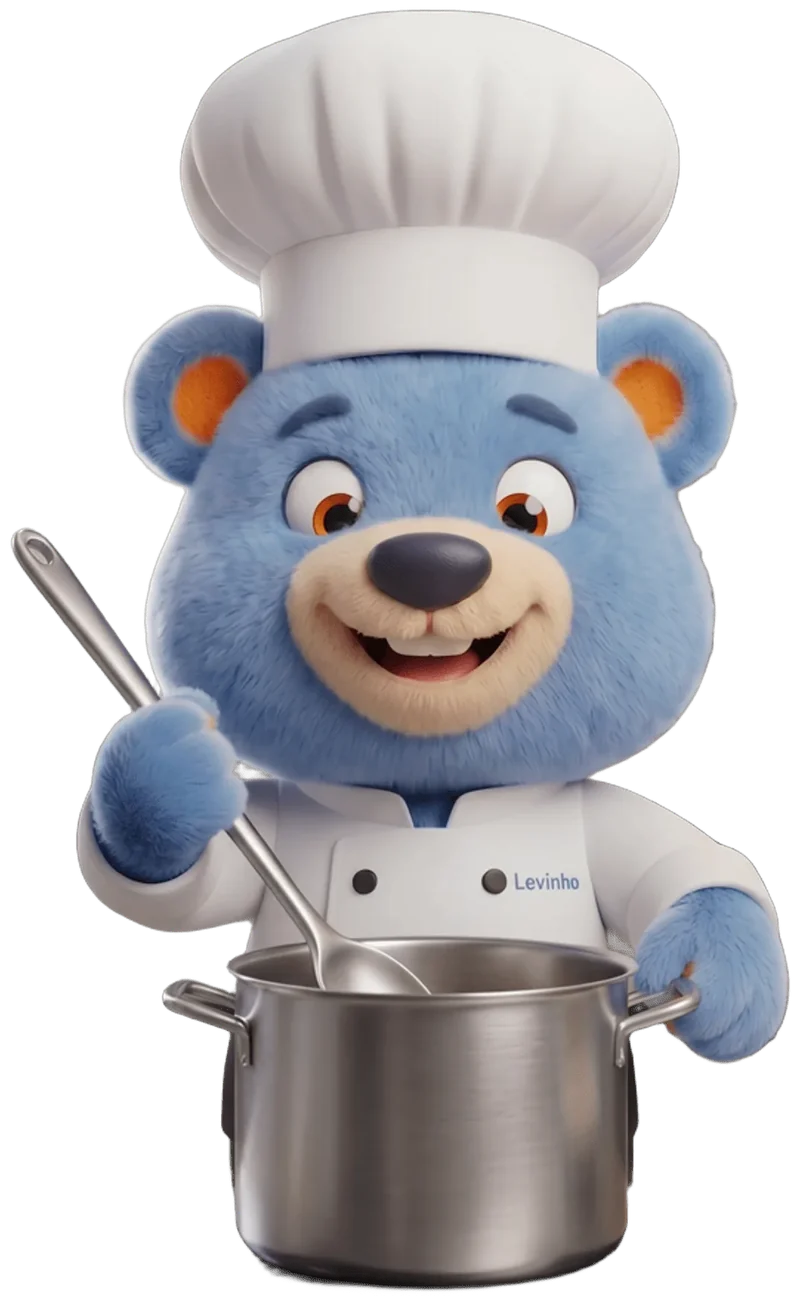 Levinho, mascote da Leve: urso azul de chapéu e dólmã de chef mexendo uma panela