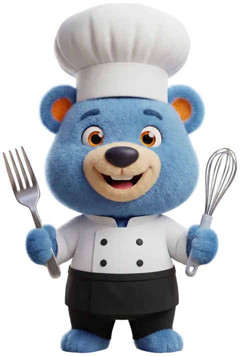 Levinho, mascote da Leve, de dólmã, avental e chapéu de chef, segurando um garfo e um batedor