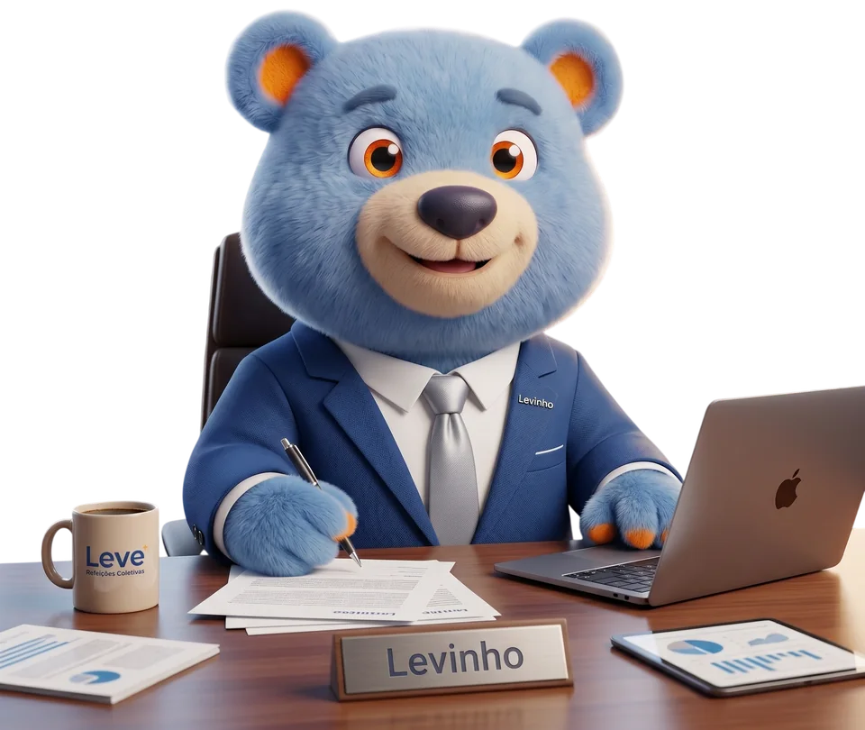 Levinho, mascote da Leve, de terno azul trabalhando em uma mesa de escritório com notebook e documentos