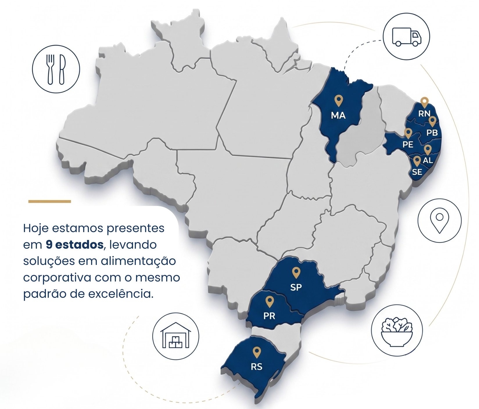 Mapa do Brasil destacando os estados atendidos pela Leve Refeições