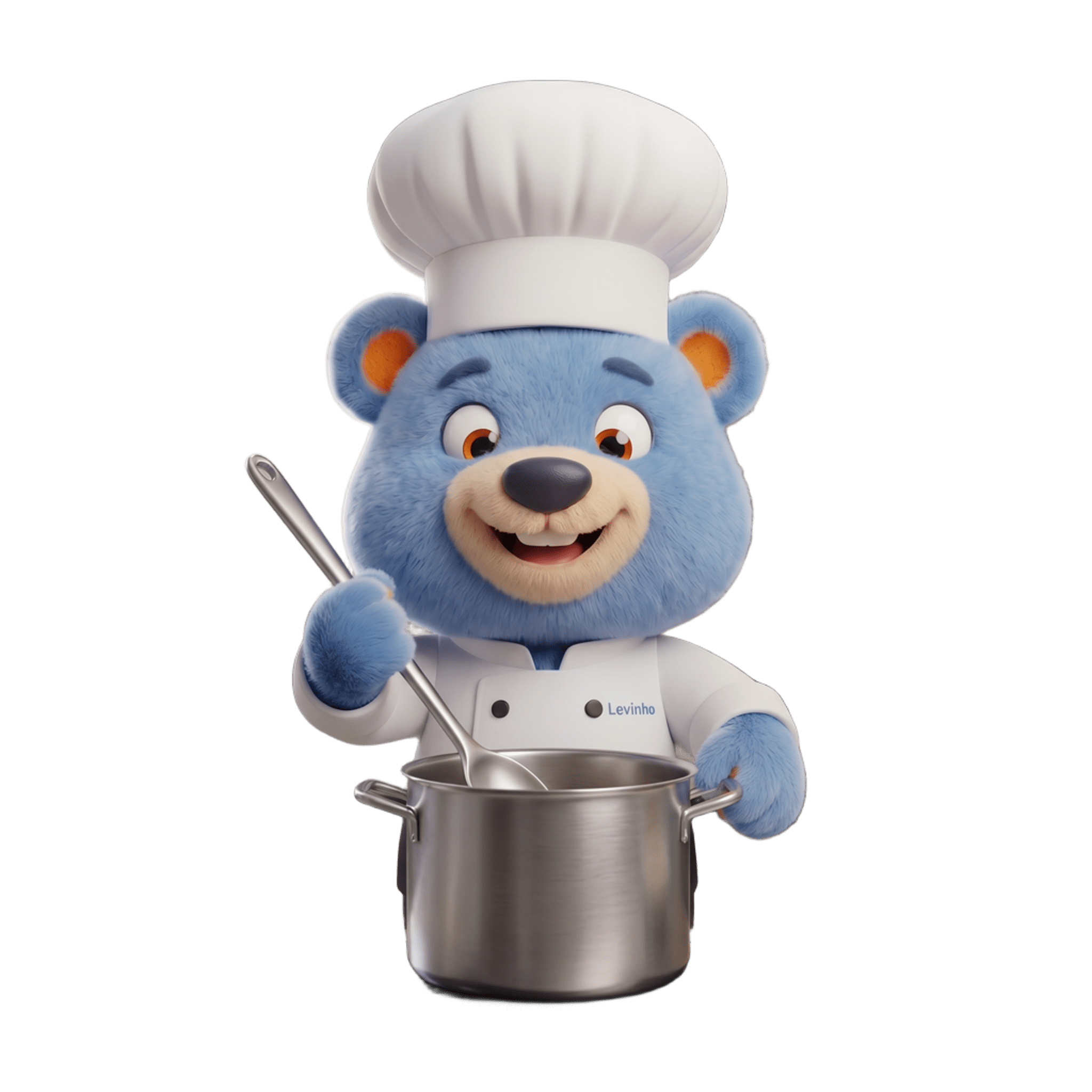 Mascote chef da Leve Refeições — urso azul com chapéu de cozinheiro segurando um garfo e um batedor